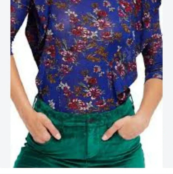 Free People Top Blue Floral Pattern Size Large Long Sleeves Ruffle Keyhole Back - Picture 9 of 9